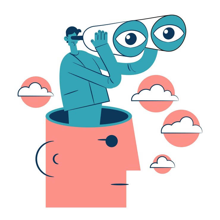 Vector large human head and a man with binoculars surrounded by clouds business goal search concept
