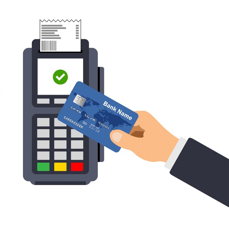 Vector lat design of pos terminal with receipt. payment by credit card.