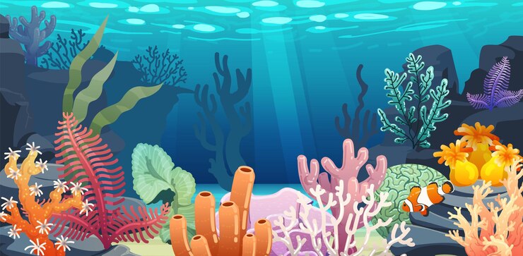 Vector latar belakang bawah laut dasar laut bawah laut ikan laut karang dan rumput laut berbagai alga warna-warni pemandangan seni dekoratif latar belakang akuarium pemandangan laut tropis ilustrasi kartun vektor