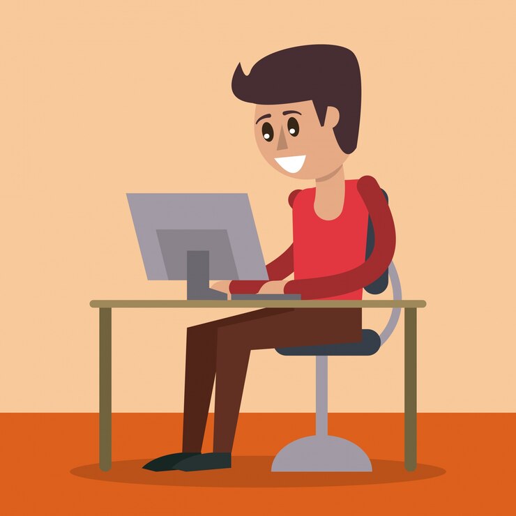 Vector latar belakang berwarna meja dengan komputer desktop dan pria