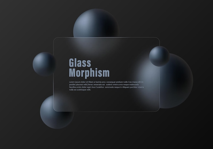 Vector latar belakang gradien gelap dengan partisi dan bola. latar belakang gaya glass morphism