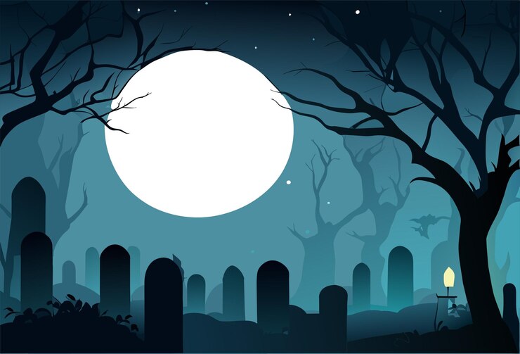Vector latar belakang halloween dengan batu nisan pemakaman tua, pepohonan tanpa daun yang menyeramkan