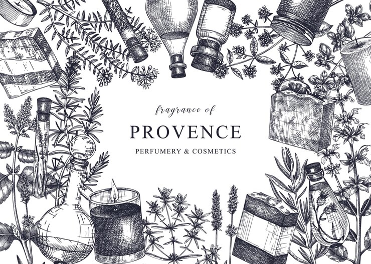 Vector latar belakang herbal provence dalam gaya vintage, desain tanaman aromatik dan obat-obatan yang digambar tangan