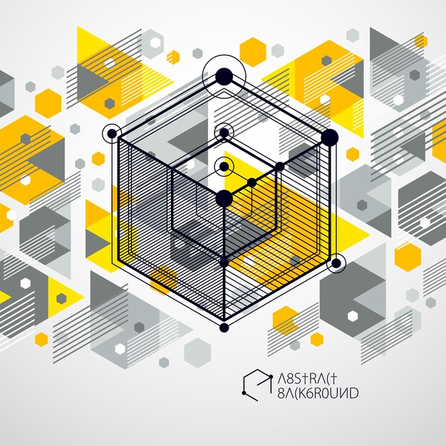 Latar belakang kuning abstrak isometrik dengan bentuk kubus dimensi linier, elemen mesh 3D vektor. Tata letak kubus, heksagon, persegi, persegi panjang, dan elemen abstrak yang berbeda.