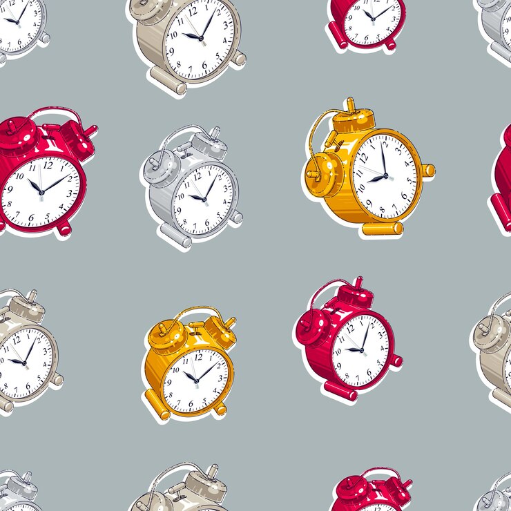Vector latar belakang mulus jam alarm, pengatur waktu, konsep terburu-buru tenggat waktu dan bangun, wallpaper vektor atau latar belakang situs web.