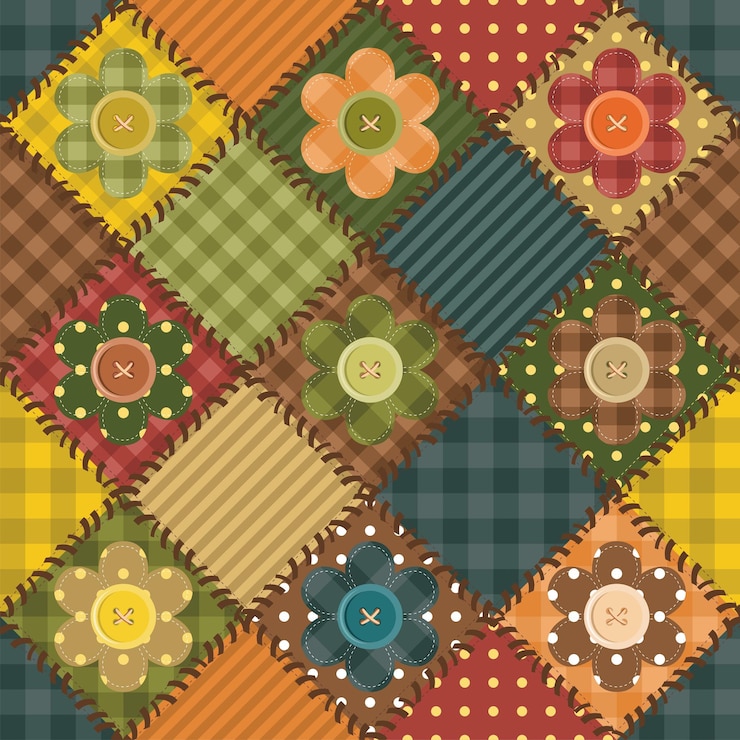 Vector latar belakang patchwork dengan bunga dan kancing