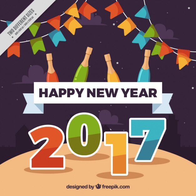 Vector latar belakang pesta tahun baru dengan karangan bunga dan botol