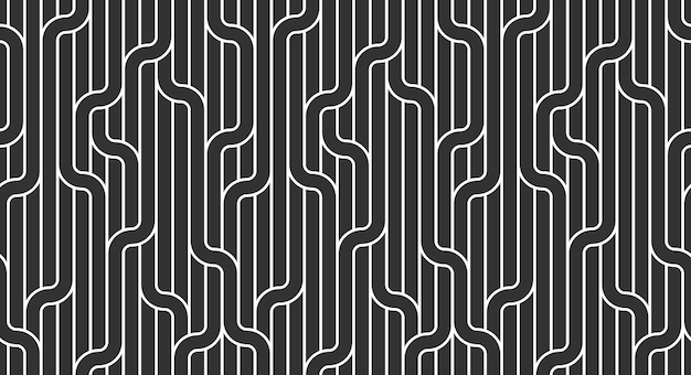 Latar belakang seamless linear dengan garis berpilin, pola geometris abstrak vektor, anyaman bergaris, labirin optik, jaringan web. Desain hitam putih.