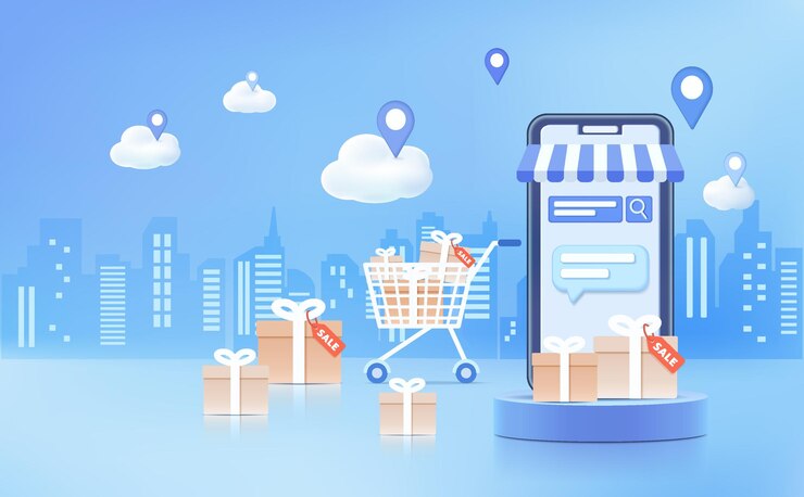 Latar belakang untuk situs web atau aplikasi seluler Belanja online dengan smartphone 3D dengan latar belakang biru