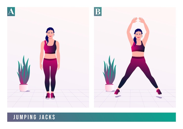 Vector latihan jumping jacks. wanita berolahraga, kebugaran, aerobik, dan latihan