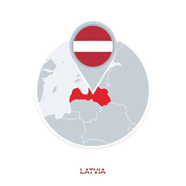 Latvia map and flag vector map icon with highlighted Latvia
