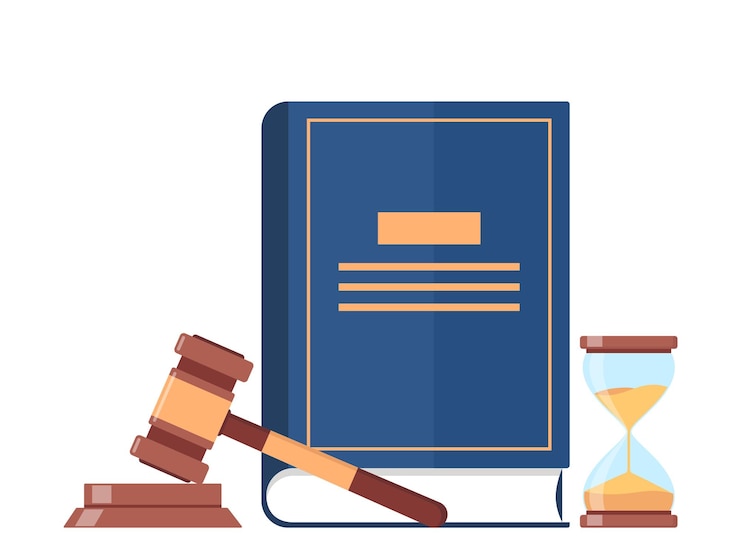 Vector law book hourglass judge gavel decision glossy mallet for court verdict law and