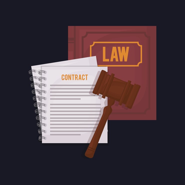 Vector law book with hammer and contract document 