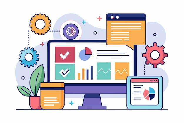 Layar komputer yang menampilkan berbagai ikon yang terkait dengan pemrograman HTML CSS dan analisis data Pemrograman HTML CSS analisis data Ilustrasi Vektor datar Sederhana dan minimalis