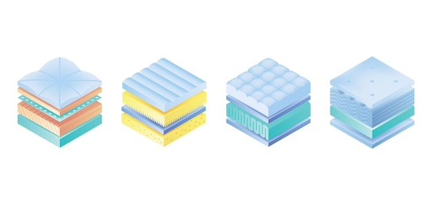Layered orthopedic mattress icon set Isometric bed section layers Fabric breathable material structure for correct sleeping position Soft filler comfort synthetic fiber