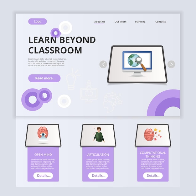 Learn beyond classroom flat landing page website template open mind articulation computational