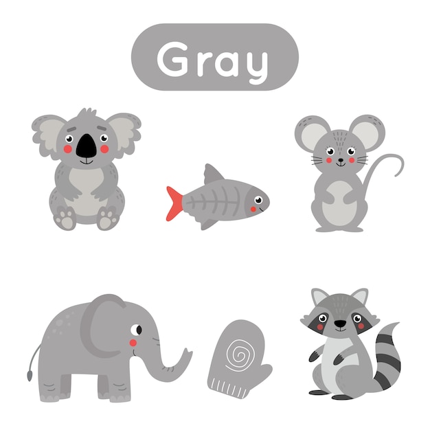 learning colors for kids. gray color flash card. educational material for children. set of objects in gray color.