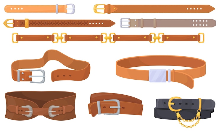 Vector leather straps cartoon belts with unbutton metal buckles leathers horizontal strip fashion belt for clothes waist decoration lock golden chain clasp neat vector illustration