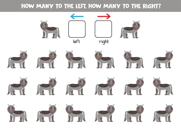 Vector left or right with cute cartoon wolf logical worksheet for preschoolers