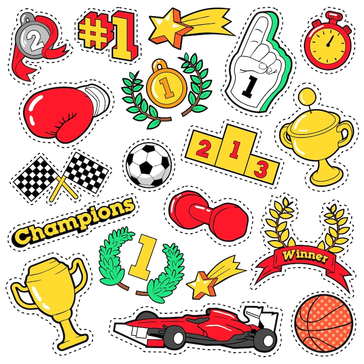 Vector lencana, tempelan, stiker mode dalam gaya komik tema juara dengan piala, medali, dan peralatan olahraga. latar belakang retro