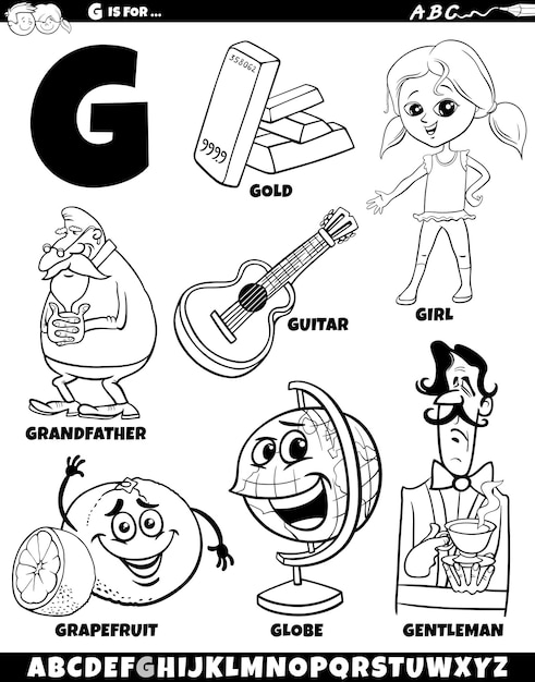 Letter G set with cartoon objects and characters coloring page