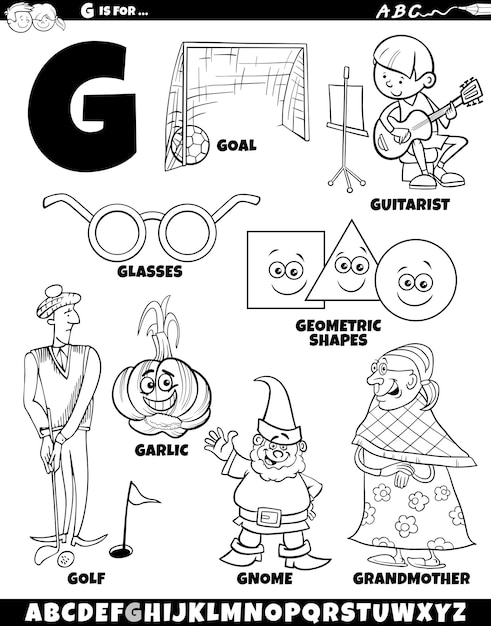Letter G set with cartoon objects and characters coloring page