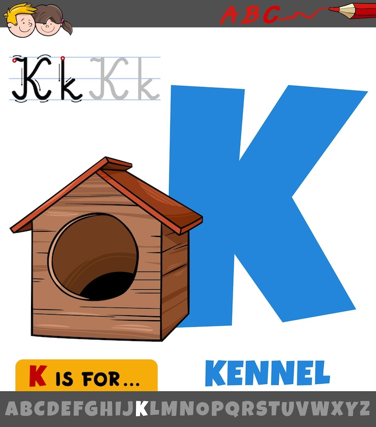 Vector letter k from alphabet with cartoon kennel object