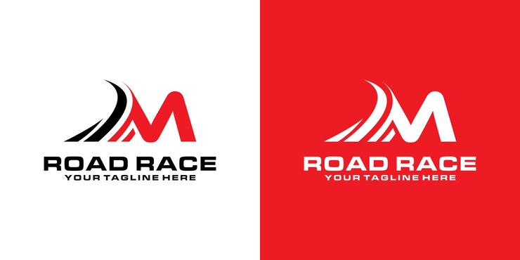 letter M and asphalt road logo design racing logo for automotive racing sports
