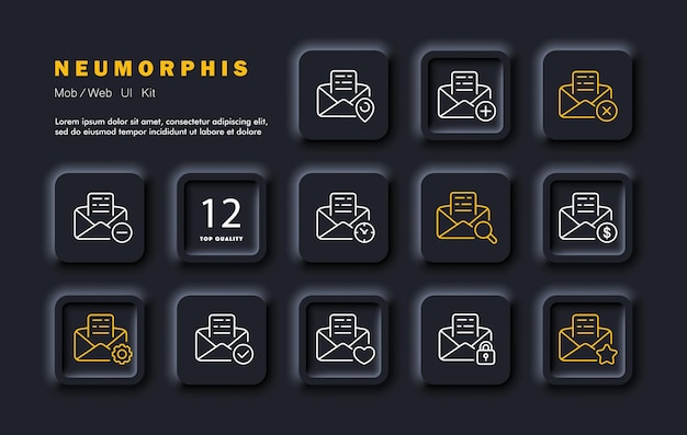 Letter set line icon Mail gps mark plus cross minus clock magnifying glass dollar gear checkmark lock star Neomorphism style Vector line icon for business and advertising