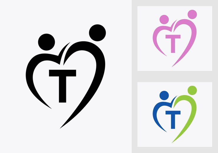 Vector letter t family care logo. teamwork, heart, people, love icon. charity donation sign