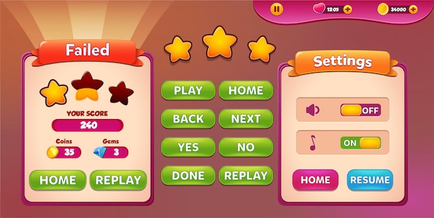 level failed and settings menu pop up screen with stars and button
