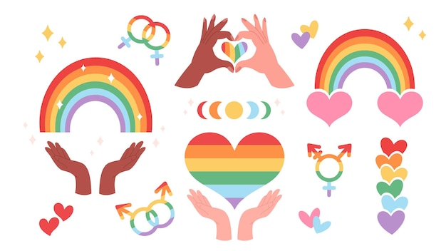 LGBTQ elements collection LGBTQ Pride Month Rainbow hearts gender symbols