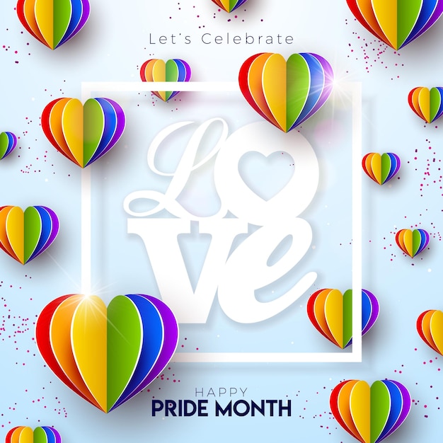 lgbtq pride month design with rainbow color paper hearts and text label on light blue background