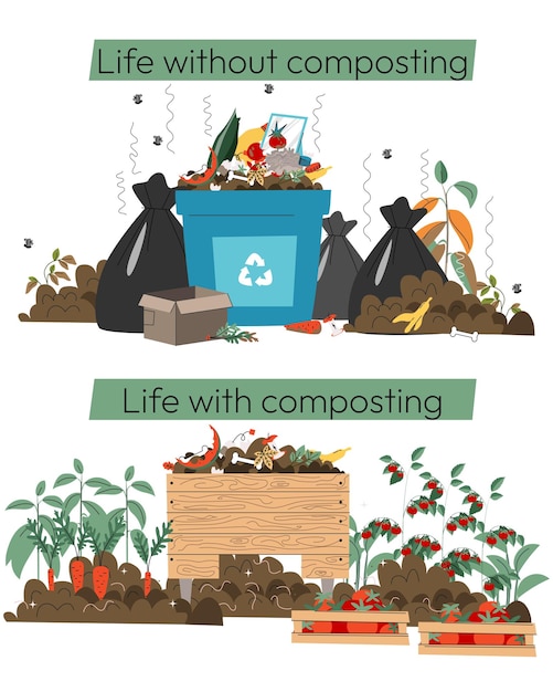 life without composting vs life with composting vector illustration waste pollution vs sustainable