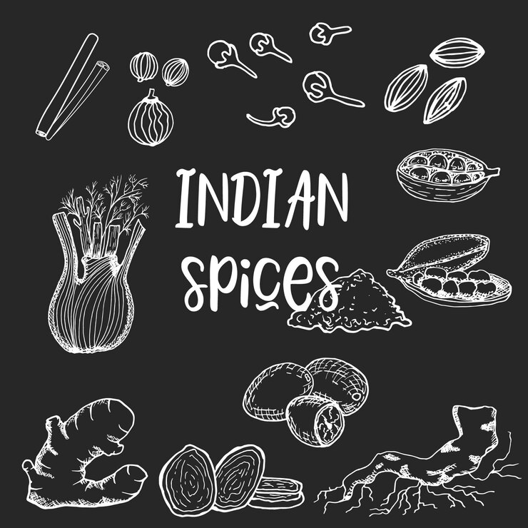 Vector light illustration with indian spices for masala cloves fennel ginger cardamom cinnamon nutmeg peony coriander chicory and lettering