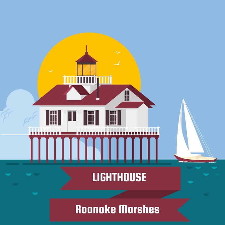 Vector lighthouse. roanoke marshes lighthouse .lighthouse on island cartoon vector background. 