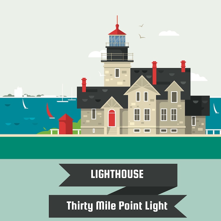 Vector lighthouse.thirty mile point light.lighthouse on rock stones island cartoon vector background.