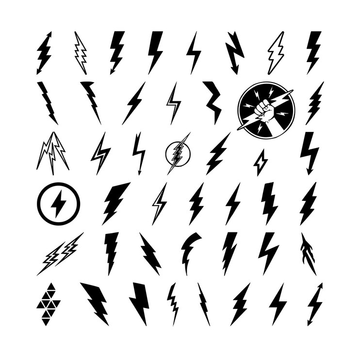 Vector lightning bolt flash icon set or energy power charge sign and thunderstrike electricity symbol