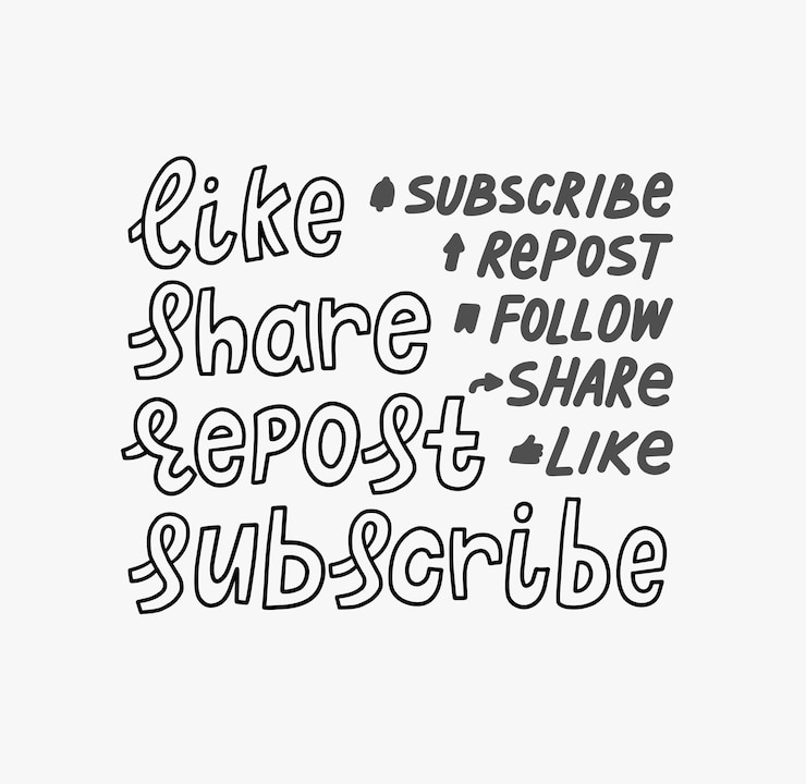 Vector like share repost subscribe follow doodle hand lettering stickers. quote subscribe to channel, blog. social media illustration.