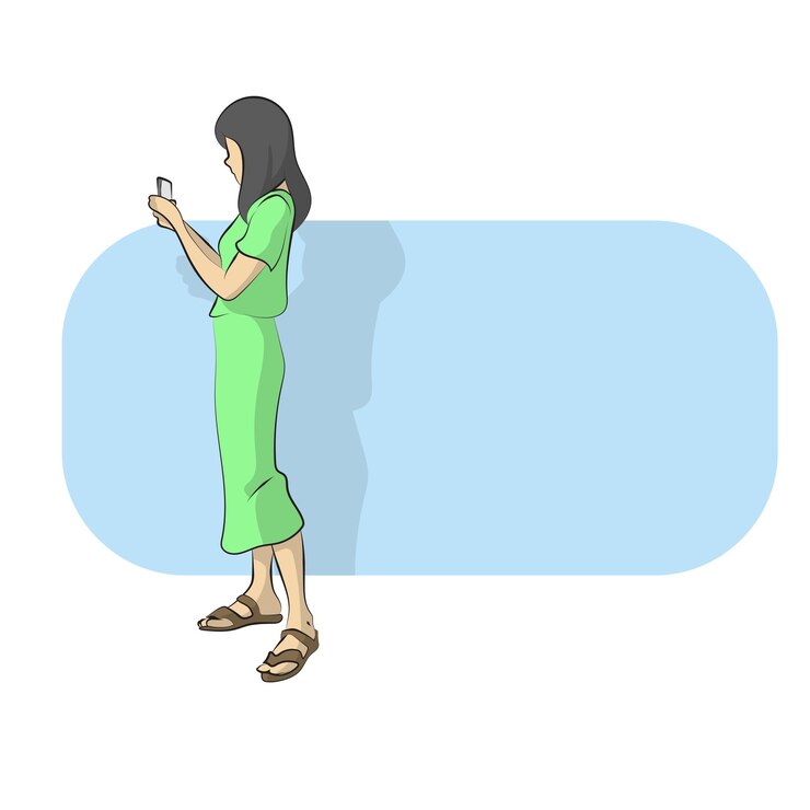 line art full length of woman in green suit using smartphone with blue blank space illustration