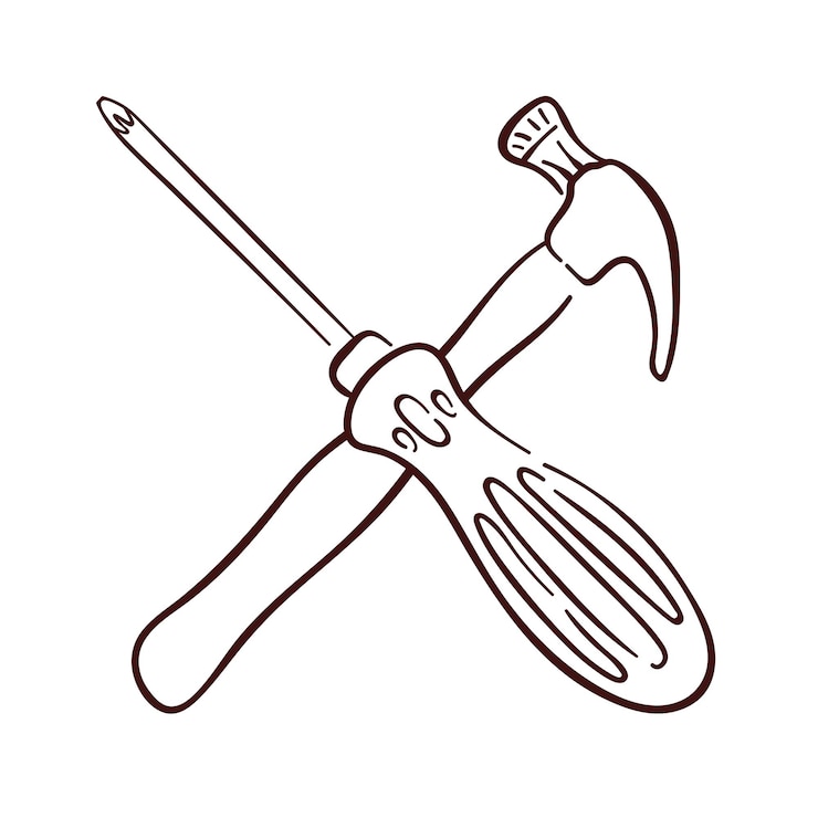 Vector line art illustration of a hammer and screwdriver crossed together repair tool maintenance