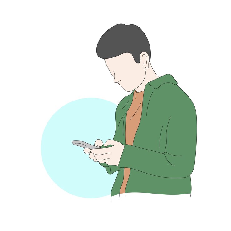 line art man with green shirt using smartphone illustration vector hand drawn isolated