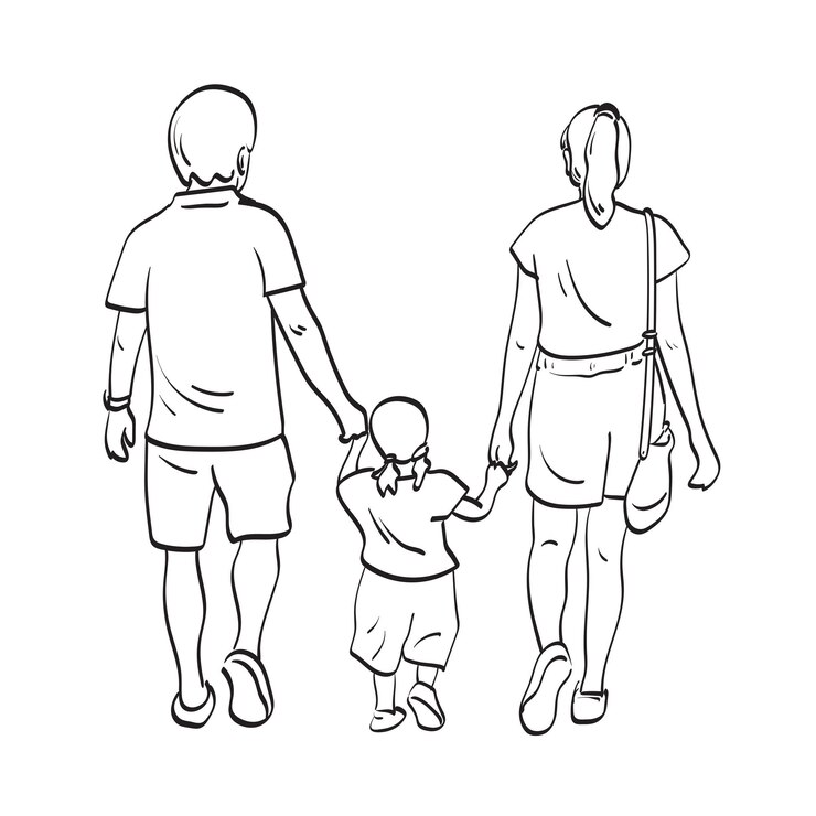 line art rear view of father mother and daughter walking together illustration vector hand drawn