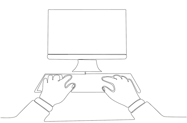 Line drawing of human male hand holding a laptop vector premium