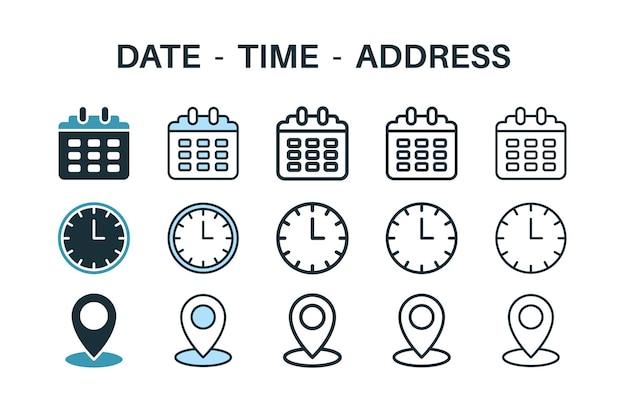 line icons about location time and date contains such icons as clock schedule calendar