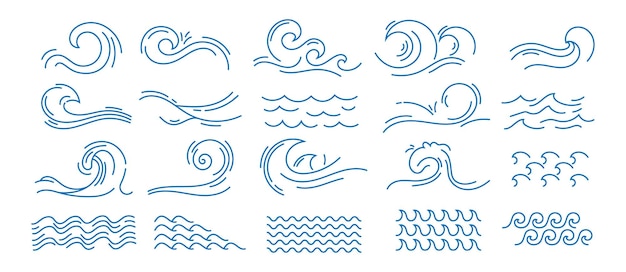 line water wave simple sea linear icons ocean storm wave and splashes abstract doodle symbols wavy blue river stream surf logo elements marine nautical vector isolated signs