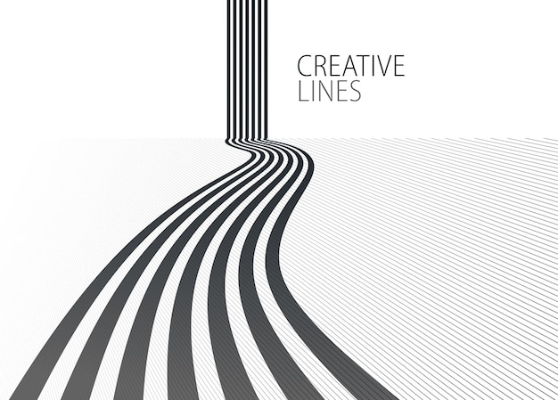 Linear composition vector road to horizon abstract background with lines in 3D perspective optical illusion op art black and white monochrome
