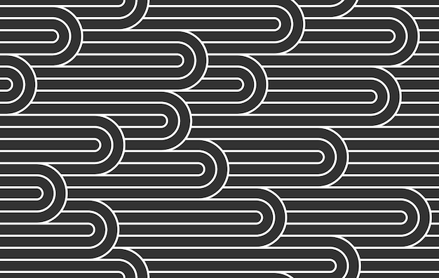 linear seamless background with twisted lines, vector abstract geometric pattern, stripy weaving, optical maze, web network. black and white design.