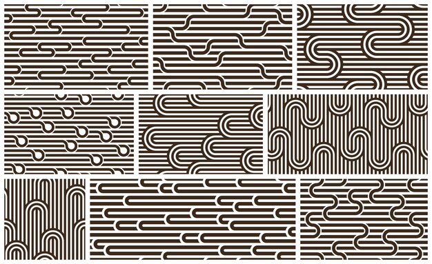 Lined seamless vector patterns with twisted lines, geometric abstract backgrounds set, stripy net, optical maze, web network.