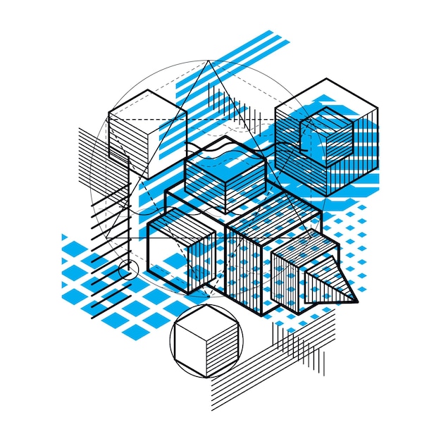 Lines and shapes abstract vector isometric 3d background. Layout of cubes, hexagons, squares, rectangles and different abstract elements.